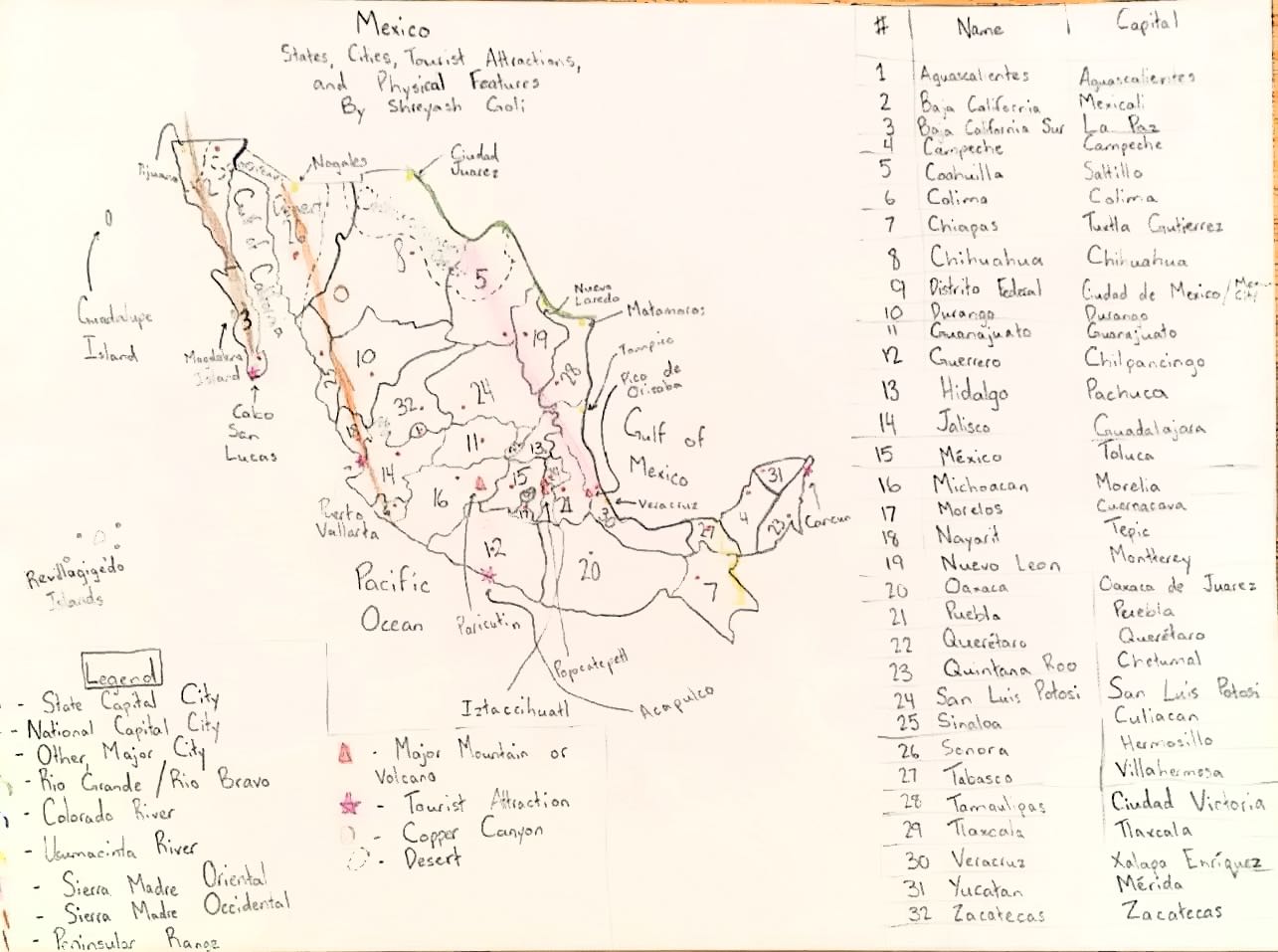 Hand-drawn map of Mexico