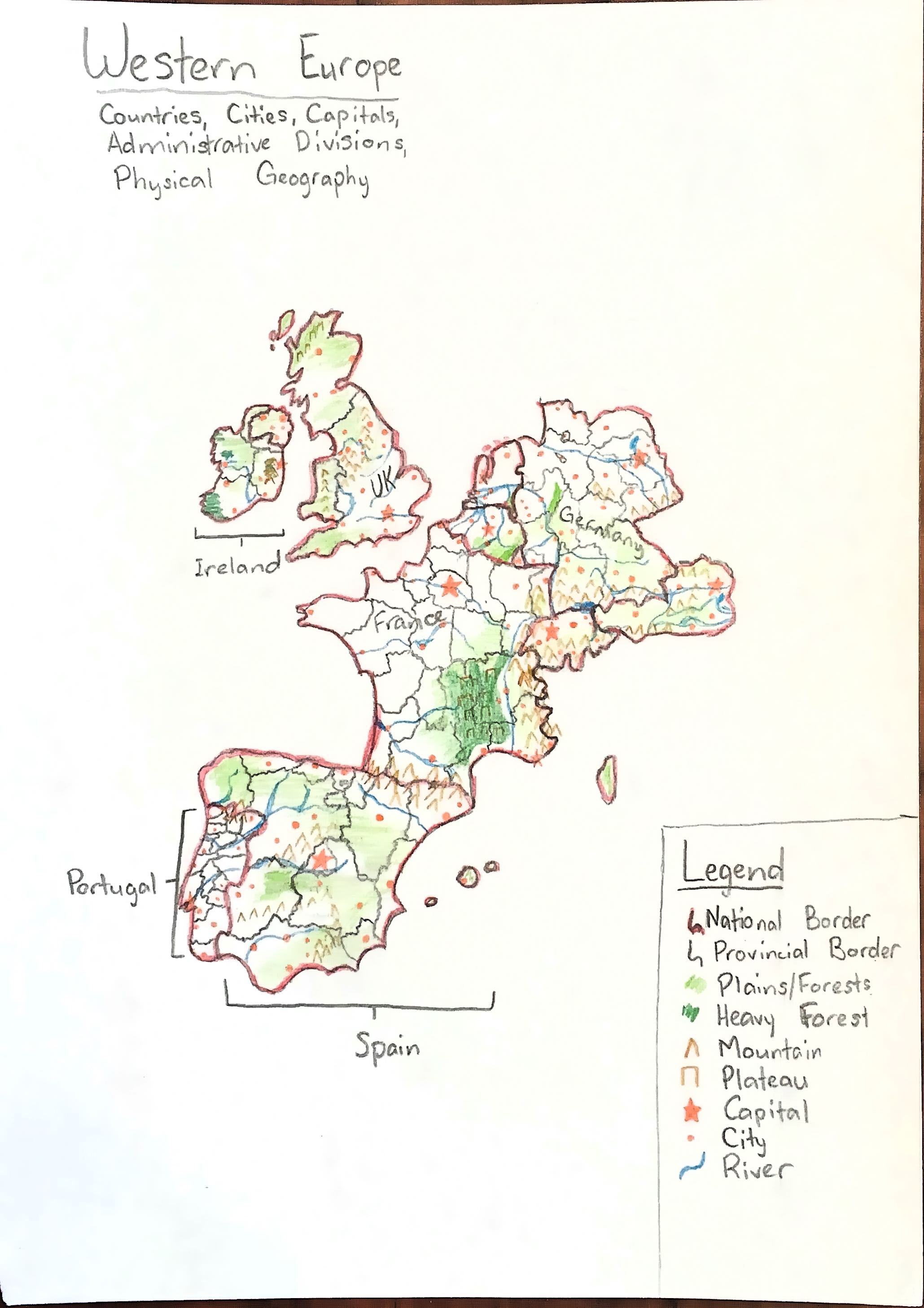 Hand-drawn map of Western Europe